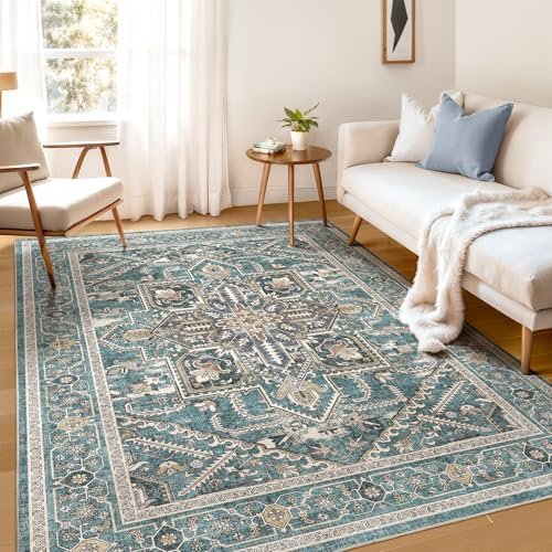 WITSHOCK Teppich Wohnzimmer 152x213 cm: Waschbarer Boho, rutschfest, Kurzflor, Vintage Schlafzimmer, Teppich Küche Flur Esszimmer für Kinder & Haustiere Geeignet-Mattes Blaugrün