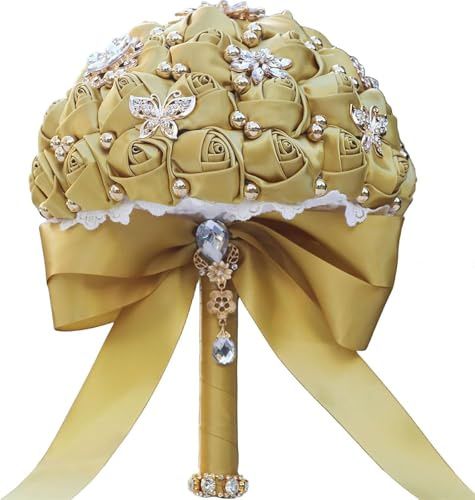 Generisch Brautsträuße, 21 cm Hochzeit Brautstrauß, Satin Künstliche Blumen, Elegante Quinceañera Sträuße, Handgefertigte Brautsträuße mit Strass und Perlen,Gold