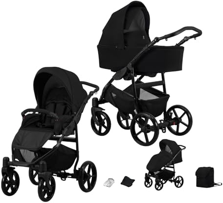 Kunert Mata Kinderwagen 2 in 1 + Zubehör mit Wippmechanismus der Babywanne Komfortabel, multifunktional und praktisch Der Aluminiumrahmen ECE R129 konform (schwarz/Gestell schwarz)