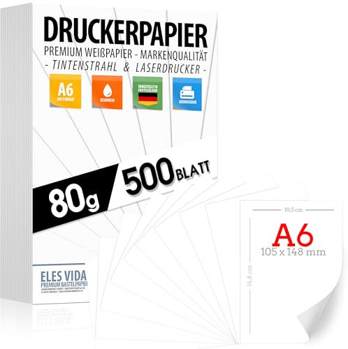 Druckerpapier 80g weiß A6-500 Blatt – Blatt - PREMIUM PAPIER Reinweiß - Kopierpapier, Laserdrucker & Tintenstrahl für Uni, Fotografie, Präsentationen Ideal für Büro & Office - MADE IN GERMANY