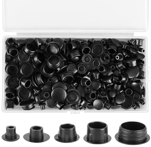 Lot de 200 capuchons pour trous de perçage, 5/6/8/10/12 mm, en plastique, noir, avec boîte, bouchons obturateurs pour meubles