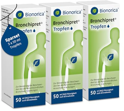Bronchipret® Tropfen - Flüssigkeit zum Einnehmen, Sparset 3x 50ml (150ml) | Pflanzliches Arzneimittel bei akuter Bronchitis & Husten mit zähflüssigem Schleim I inklusive Messbecher I ab 6 Jahren