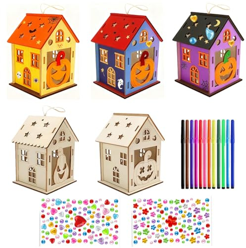 YDUNARISE Halloween Kürbis Haus Bastelset Kinder, mit 5 Holz Haus & 2 Glitzersteine Selbstklebend & 12 Buntstifte,Halloween Geschenke Kinder (Kürbis Haus)