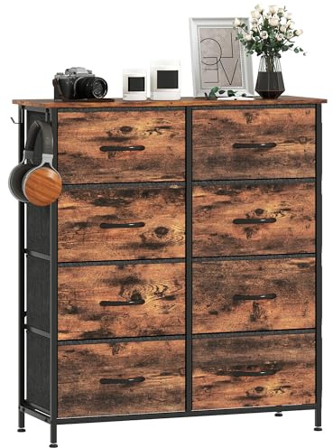 HOMCOM Chest of Drawers, Double Dresser for Bedroom with 8 Fabric Drawers, Tall Storage Unit with 4 Pockets, 2 Hooks and Steel Frame for Living Room, Hallway, Rustic Brown