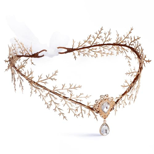 Waldfee Waldfee Accessoires Elfen Kopfschmuck Mittelalter Damen, Gold Elfenschmuck Haarschmuck Elfe für Faschingskostüme Cosplay Party