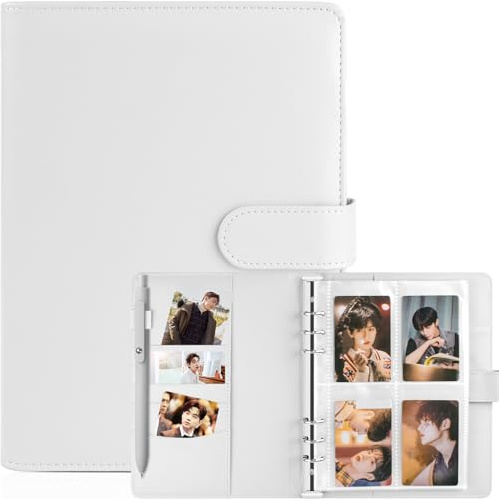 Kpop Fotokarten-Ordner, A5-Ringbuchalbum mit 200 Kartenfächern, Leder-Einband mit Magnetschnallenverschluss zum Organisieren von Sammelkarten (weiß)