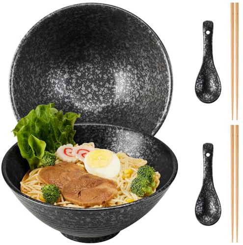 Japanisches Ramen Schüssel Set 2-teilig, 1200ml Große Keramik Nudelschalen mit Essstäbchen und Löffel, Mikrowellen- & Spülmaschinengeeignet, Perfekt für Pho,Suppe (Schwarzes Set(2-teilig))