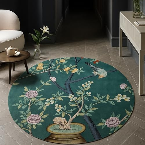 VARIKASHOM Teppich Rund Deko Innen,Moderner, mehrfarbiger, Rounder Tisch mit grünem Blumen-Tiermuster, 200 cm Durchmesser,Waschbar rutschfest weich Deko Schlafzimmer Küche Esszimmer Sofa