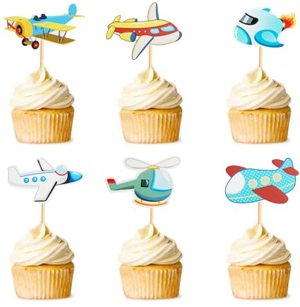 36Pcs Airplane Cupcake Toppers Cartoon Flight Cake Toppers Decorations for Plane Theme Party Kids Birthday Party Baby Shower Supplies