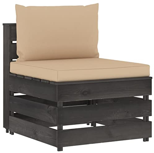 Qnhdfrt Modulares Mittelsofa 60x70x66 cm Paletten-Design aus imprägniertem Kiefernholz mit grauen Polyester-Kissen Robustes Outdoor-Möbel für Garten Terrasse Balkon und Wohnzimmer