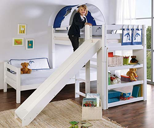 Froschkönig24 Etagenbett mit Rutsche Beni L Kinderbett Spielbett Bett Weiß Stoff Weiß/Delfin, Matratzen Oben/unten:ohne