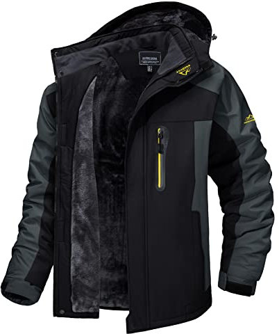 MAGCOMSEN Skijacke Herren Warm Fleece Trekking Jacke Winter Berg Jacke Camping Wanderjacke Herren Trekkingjacke Outdoor Kapuzenjacke für Camping Sports Schwarz-Grau S