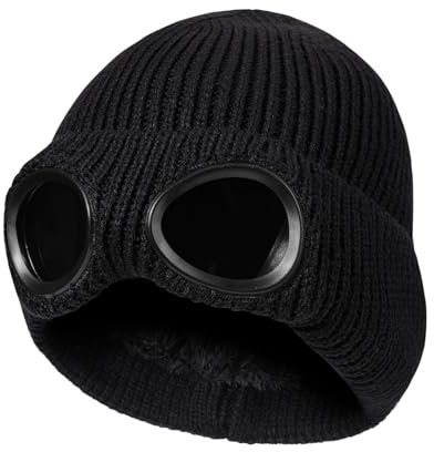 TAGVO Winter Warme Strickmütze, Winddichte Thermo Weiche Fleecefutter Skifahren Wandern Laufen Mütze mit Abnehmbarer Schutzbrille, Slouchy Thick Skull Cap für Männer Frauen Erwachsene Outdoor Sport