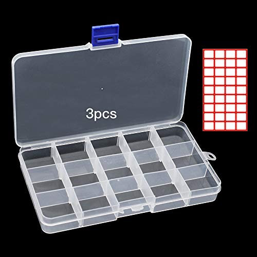 TXErfolg Gitter Kunststoff Aufbewahrungsbox 3 Stück Klar 15 Gitter Kleine Aufbewahrungsbox Verstellbaren Fächern mit Etikettenpapier 26 x 21 mm für Ohrringe Ringe Schmuck Angelzubehör Kleine Hardware