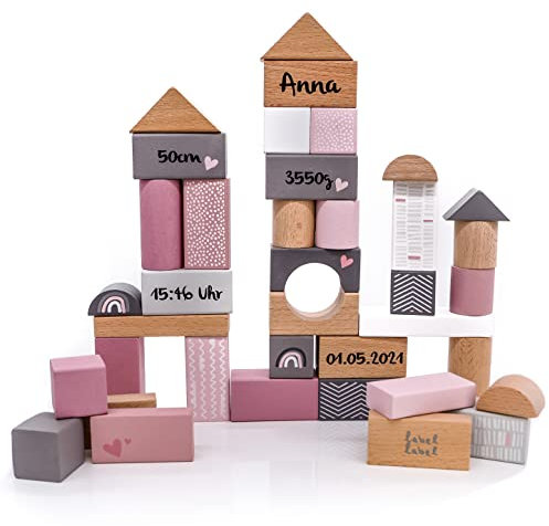 50 Holzbausteine rosa mit Aufbewahrungsbox I personalisierbar I Handmade Holzspielzeug ab 2 Jahren I Personalisierte Geschenke Baby I Motorikspielzeug mit Name & Geburtsdaten