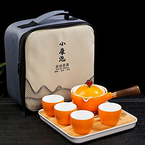 Scizorito Tragbares Reise-Teeservice aus Keramik, chinesisches Kungfu-Teeservice mit 360 Grad drehbarer Teekanne und Teesieb, 4 Teetassen, Teetablett und Reisetasche (gelb)
