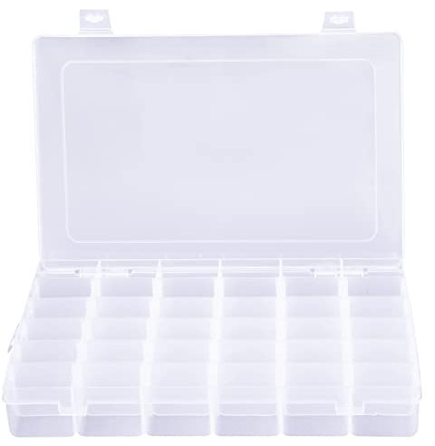36Raster Plastik Fächer Aufbewahrungsbox Einstellbar Sortimentsboxen Kunststoff Transparent Schmuckkasten Perlen Sortierbox für Kleinteile Schrauben Bügelperlen Ohrringe Perlen Nähgarn 27.2x17.5x4.5cm