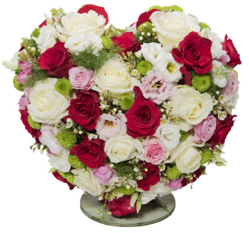 Faxiflora Cuore di rose rosa, bianche e rosse con lisianthus bianchi e rosa, santini verdi e wax flowers (No verde solo boccioli accostati)
