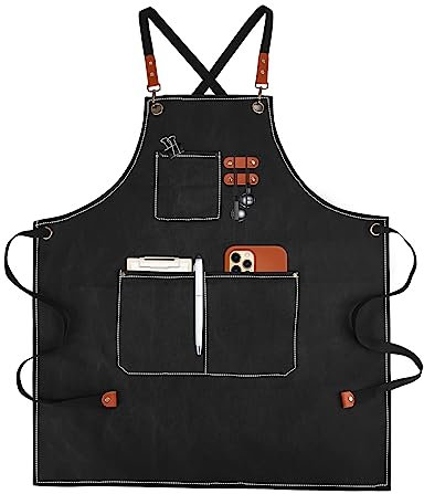 APRONPANDA Canvas Work Aprons for Men with Pockets,Adjustable Strap and Large Pockets Apron,Kitchen Cooking Baking Chef Apron (Black)
