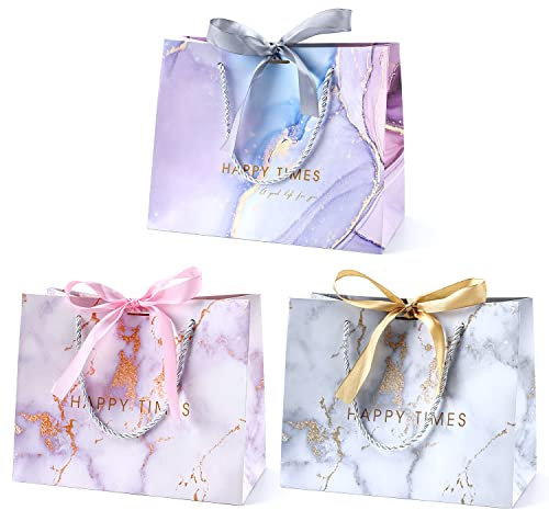 BBLIKE Medium Gift Bags for Present - 3 Pcs Birthday Gift Bag with Bow Ribbon, Coloured Paper Bags with Handles for Girls Boys Wedding Party Christmas Valentines (Pink, White, Purple Marble)