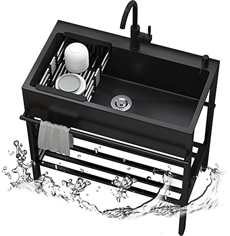 Schwarz Waschbecken Küche Ausgussbecken Spülbecken 304 Edelstahl Mobiles Kitchen Sink Organizer Freistehend 1 Becken mit Ablauf-Set Küchenarmatur für Outdoor Camping Küche Werkstatt Keller ( Size : 90