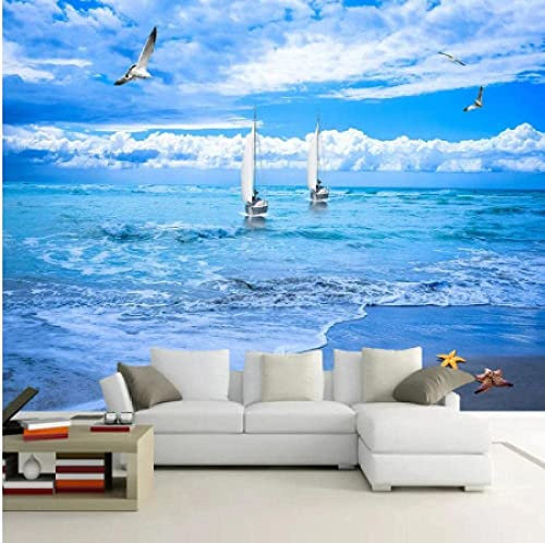 Papiers Peints De Cuisine, Papier Peint Photo 3D Paysage De Voile De Plage De Ciel Bleu Peintures Murales Auto-Adhésives Art Mur Photo Impression Photo Design Papier Peint Pour Salon 200(L)x150(H)cm