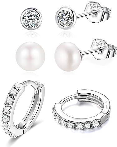 Candyfancy Ohrringe Set für Mehrere Ohrlöcher - Silber 925, 3er Set mit Zirkonia Creolen, Klein und 6mm Süßwasserperlen Ohrstecker