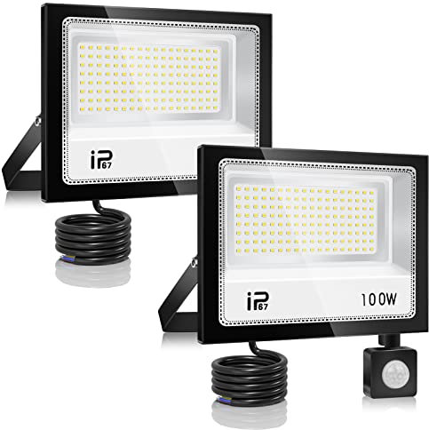 YZYFACAI 100W Projecteur LED Detecteur de Mouvement 2PC,10000lm Spot LED Extérieur,7000K Blanc Froid,IP67 Etanche Super Lumineux Eclairage Exterieur pour Jardin, Patio, Garage