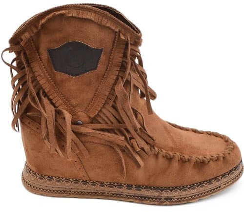Malu Shoes Stivaletto donna indianini cuoio scamosciati con frange zeppa interna 5 cm stemma altezza caviglia moda ibiza (39 EU)