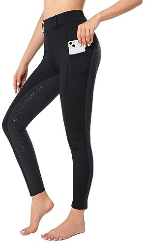 Havideto Reitleggings Damen Vollbesatz mit Handytasche, High Waist Reithose Damen Mädchen Stretch mit Gürtelschlaufen Schwarz+Grau L