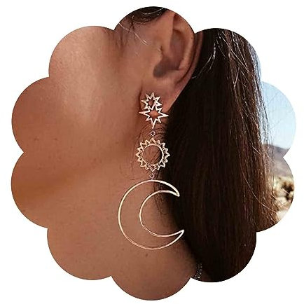Dervivea Vintage Mondsonne Dangle Ohrringe hohl Stern Drop Ohrringe Gold Crescent Moon Ohrring Lange Sonne Ohrring Asymmetrische Mondschmuck für Frauen