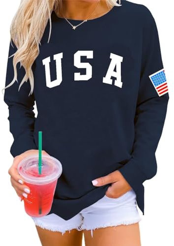 Dressmine Lässiges Langarm-T-Shirt für Damen, Rundhalsausschnitt, Sweatshirts, Pullover für Damen, Marineblau, USA-Druck, 02, S