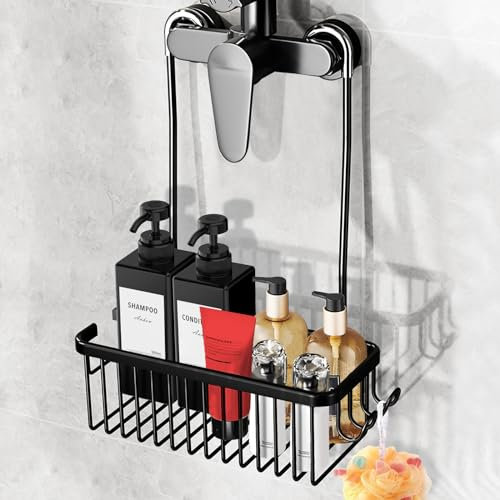 Anhow Cesta Ducha Colgar, Estanteria Ducha sin Taladro, Estante de Duchade Aluminium,Jabonera Ducha Colgador Ducha Accesorios Baño - Negro/ 31x12x38.5 cm