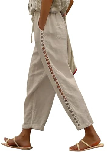 Puimentiua Sommerhose Damen Leicht Sommer Leinenhose 7/8 Weiße Hose | Luftig Sommerhosen High Waist Linen Pants Elegant Stoffhose Lockere Ausgehöhlt Hosen mit Tunnelzug und Taschen