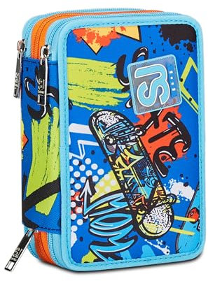 SJ Gang Astuccio Scuola 3 Zip, Blu, TrickyLed, Portapenne Triplo Scomparto Completo Di Penne, Matite, Colori, Accessori Zaino, Elementari, Medie, Bambino