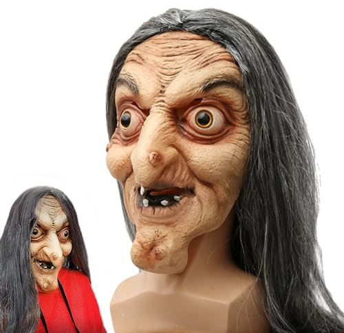 Micacorn Halloween Maske Gruselige Hexenmaske Alte Hexenmaske mit Langen Haaren Volles Gesicht Latex Maske Horrific Alte Hexe Maske für Halloween Karneval Party Kostüm Cosplay Dekorationen