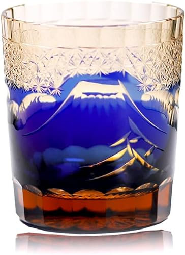 Handgeschliffenes, klares Whiskyglas für Wodka, Bourbon, Cocktail, japanischer Edo, Kiriko, Fuji Mountain Craft, mit Geschenkbox, 277 ml, Blau