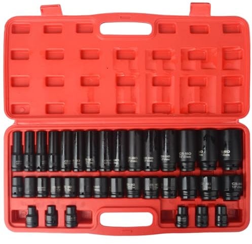 35pcs 1/2 Drive 6 Point 8-32mm Metric Deep Impact Socket Set Car Garage Tools