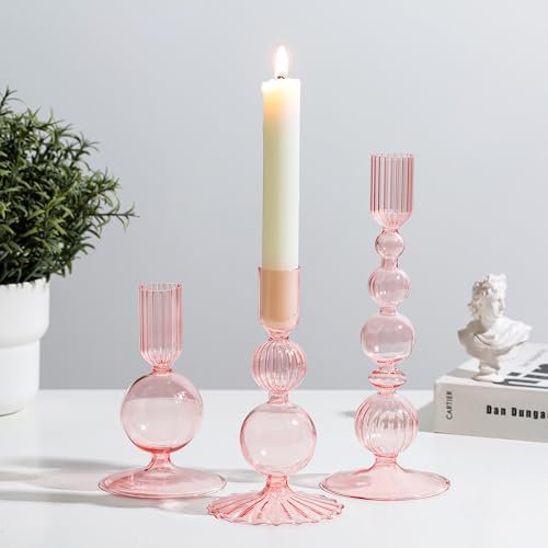 Glasseam Glas Kerzenständer Stabkerzen Rosa: 3er Set Bunt Kerzenhalter Stabkerze Farbig Stabkerzenhalter für Tisch Deko Modern Kerzenständer Weihnachten für Wohnzimmer Esstisch Dekoration