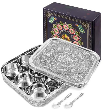 KSJONE Designer Indian Spice Tin Stainless Steel Masala Dabba LARGE Curry Cooking Spice Tiffin Tin Box Kitchen Masala Container Spice Container 9 Compartments Storage Set