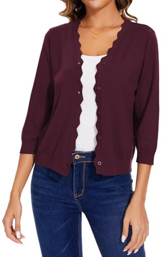 MINTLIMIT Ladies Cardigan 3/4 Sleeves Bolero Cardigans Knitted Sweater Spring Winter (Dark red L)