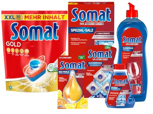 SOMAT Tabs 50 AW Gold, Geschirrspül Tabs für strahlend sauberes Geschirr, gegen Eingetrocknetes + Klarspüler + Intensiv-Maschinenreiniger + Spezial-Salz + Deo Perls + Maschinenreiniger