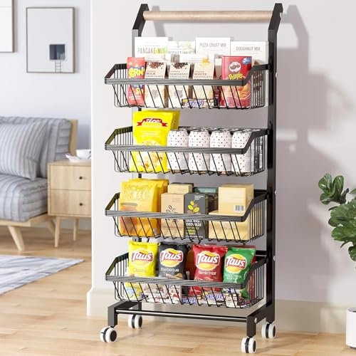 4-Tier Kitchen Trolley on Wheels with Solid Wood Handle, Vegetable Rack Storage, Detachable Fruit Baskets, 360° Movable, Rustproof Metal Kitchen Storage Cart