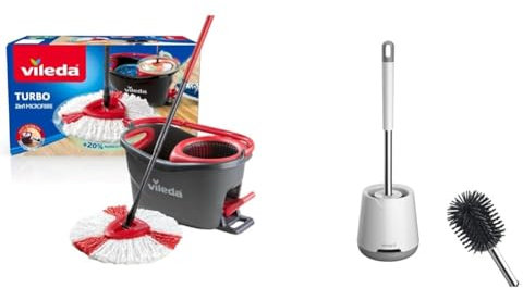 Vileda Turbo Microfibre Mop and Bucket Set, Spin Mop for Cleaning Floors & Ibergrif M34152 Silicone Toilet Brushes & Holders, Deep Cleaner, Toilet Brush with Quick Drying Holder Set for Bathroom