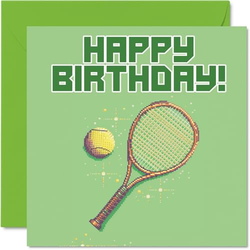 Stuff4 Geburtstagskarten für Männer und Frauen, Pixel Art Tennis | Happy Birthday Karte für Bruder, Schwester, Sohn, Tochter, Onkel, Tante, Kollegen, Freund, 145 mm x 145 mm