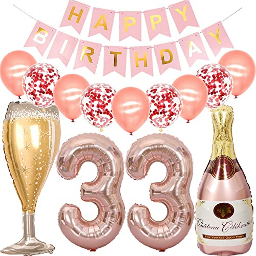 Feelairy Luftballon 33. Geburtstag Deko Frau, Rosegold Folienballon Weinflasche Sektflasche Helium Ballon Champagner Flasche, Girlande Happy Birthday Deko für Geburtstagsdeko 33 Jahre Frauen
