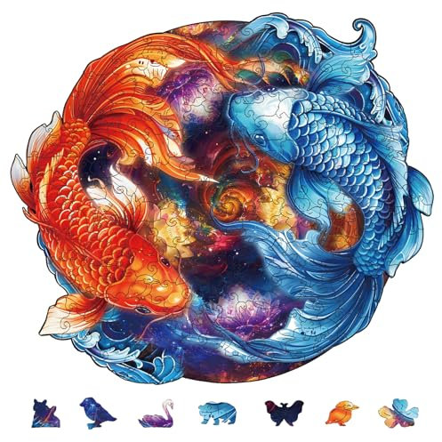 GLOBLELAND 200 Stück Yin Yang Fisch Holzpuzzle Für Erwachsene 31.5x27.7cm /12.4x10.82 Zoll Holzpuzzle Für Erwachsene Einzigartig Geformte Holzpuzzles Tier Bunte Puzzles