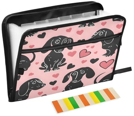 Fächermappe mit 13 Fächern, mit Etiketten, A4-Papier, Dokumentenmappe, Akkordeon-Ordner, Reißverschluss, Dackel-Hunde