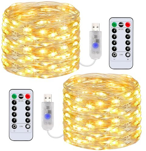 Exsight Fairy Lights, 2 Pack 10M/33FT 100 LEDs String Lights with Remote, 8 Modes USB Plug in Powered Firefly Lights for Party, Bedroom, Wedding, Halloween New Year, Indoor, Christmas Decor-Warm White
