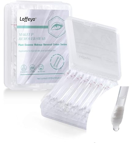 Loffeyo Makeup Remover, Cotton Swabs, Eye and Lipstick Remover with White Lily Liquid Filled Makeup Remover, 1 Pack x 50 Pieces, Space Saving and Travel Essentials